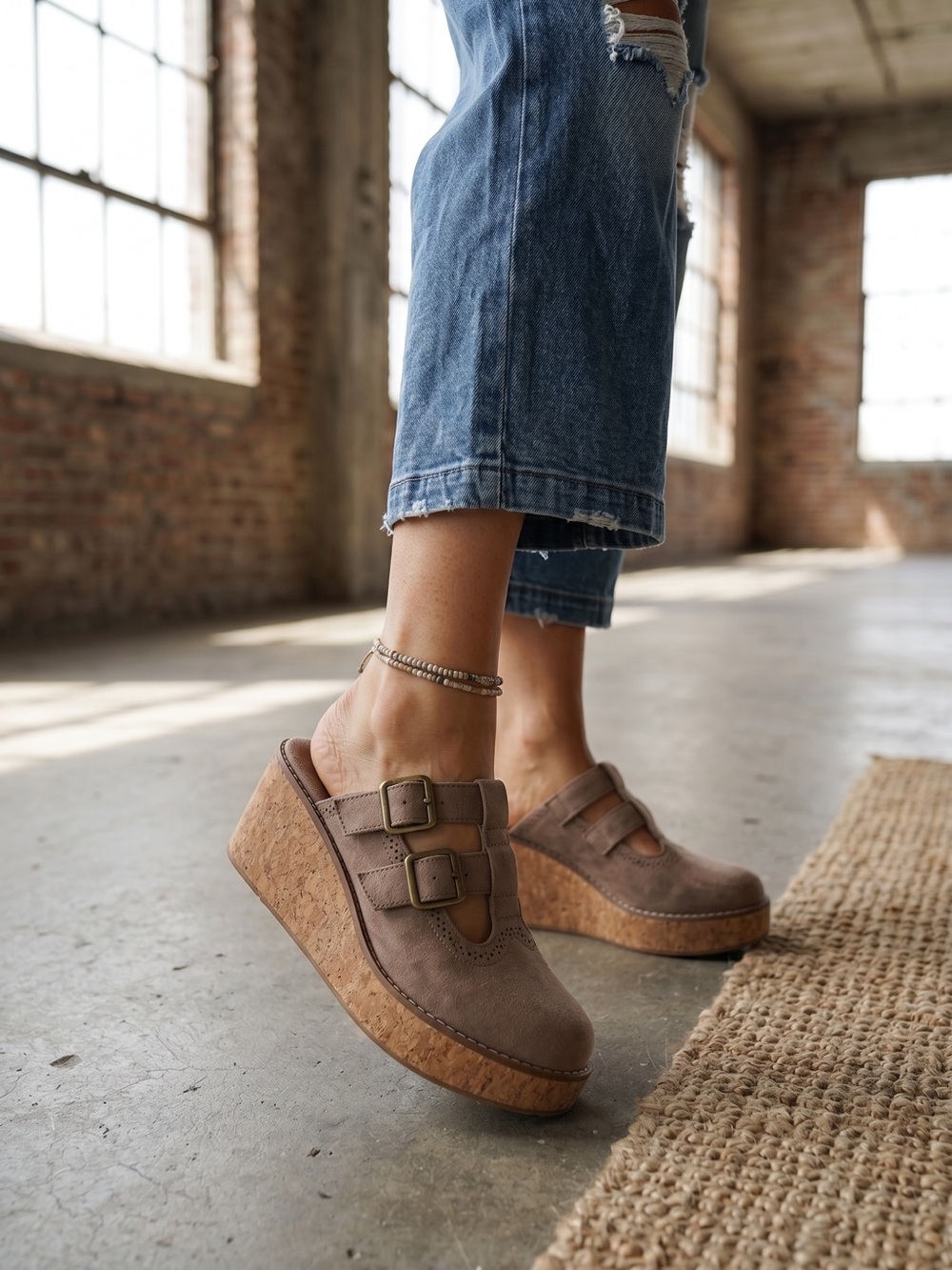NIB Pierre Dumas Vegan Suede Close Toes Boho Mules Clog Wedge Heel Shoes Taupe - Picture 2 of 10